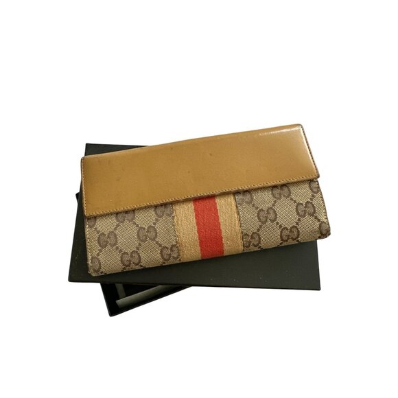 GUCCI Vintage Striped Logo Brown Tan Long Clutch Wallet w/ Box - Picture 2 of 13